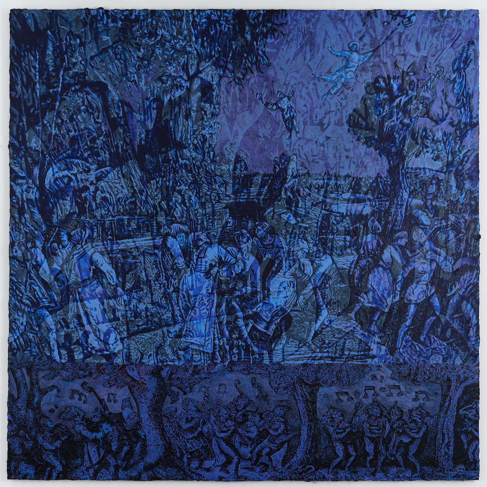 <i>safety in numbers</i>, 2023. Acrylic, aquazol, and matte gel on canvas, 120 x 120 in (304.8 x 304 cm)